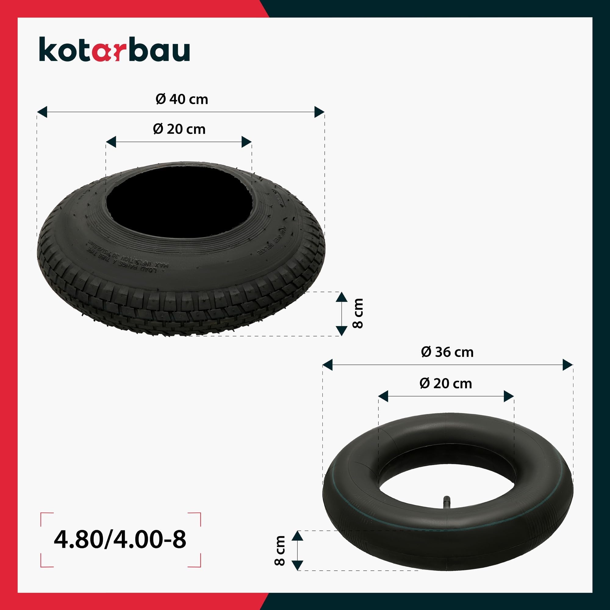 KOTARBAU® Pneu Chambre à Air Brouette - Chambre a Air - Ø 40 cm - Caoutchouc Renforcé - 4.80/4.00-8 - Noir - Pneu Brouette - Universel pour Chariot Jardin