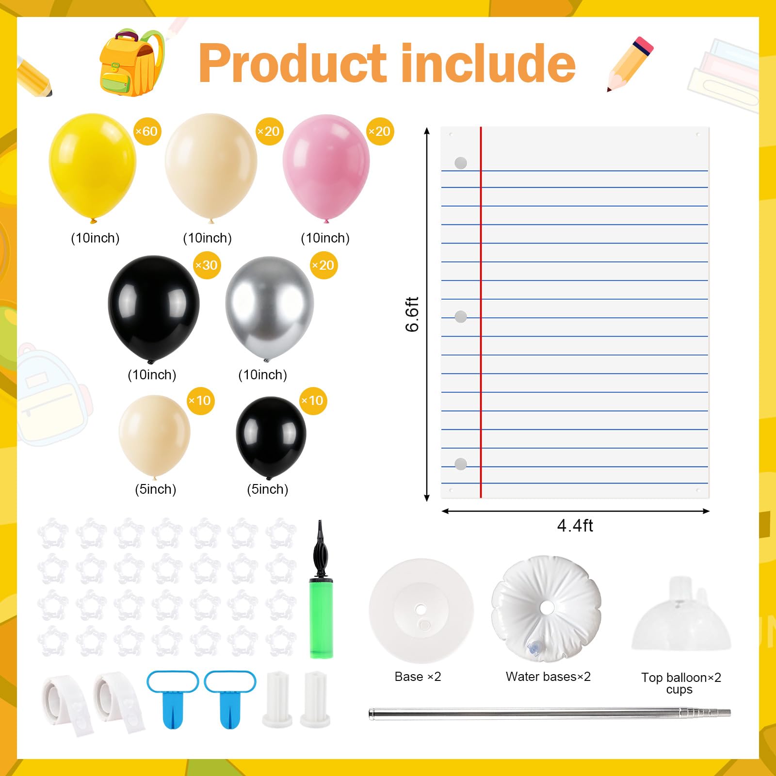 Kit de colonne de ballons pour la rentrée scolaire avec carnet de notes, bannière en papier, 2 ensembles de tour de ballons, support pour la première journée d'école, salle de classe, bienvenue