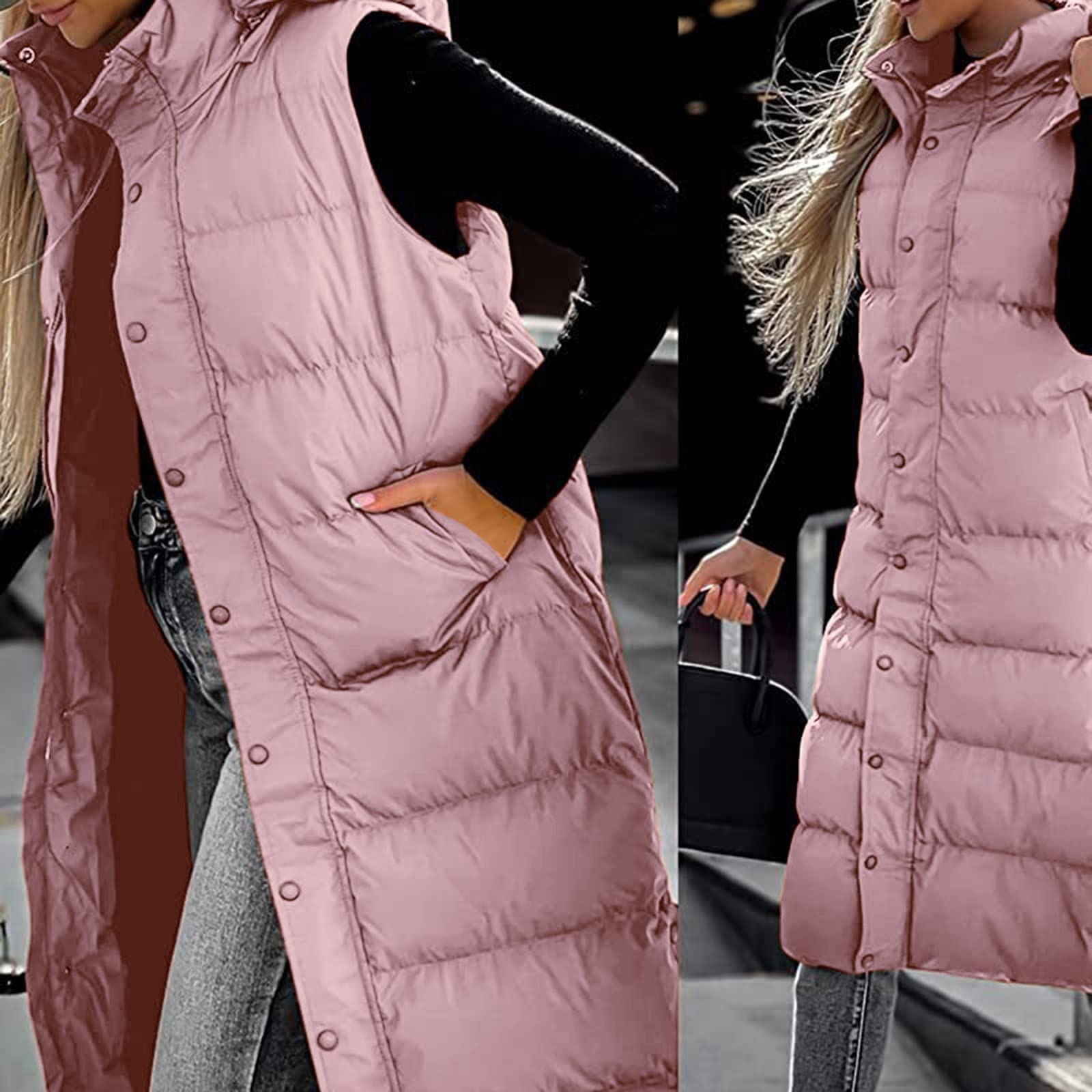 Chaleco largo de plumón para mujer, chaleco acolchado con capucha, chaqueta acolchada sin mangas, chaleco ligero a prueba de viento, chaleco con capucha para mujer, chaleco largo sólido, chaqueta de
