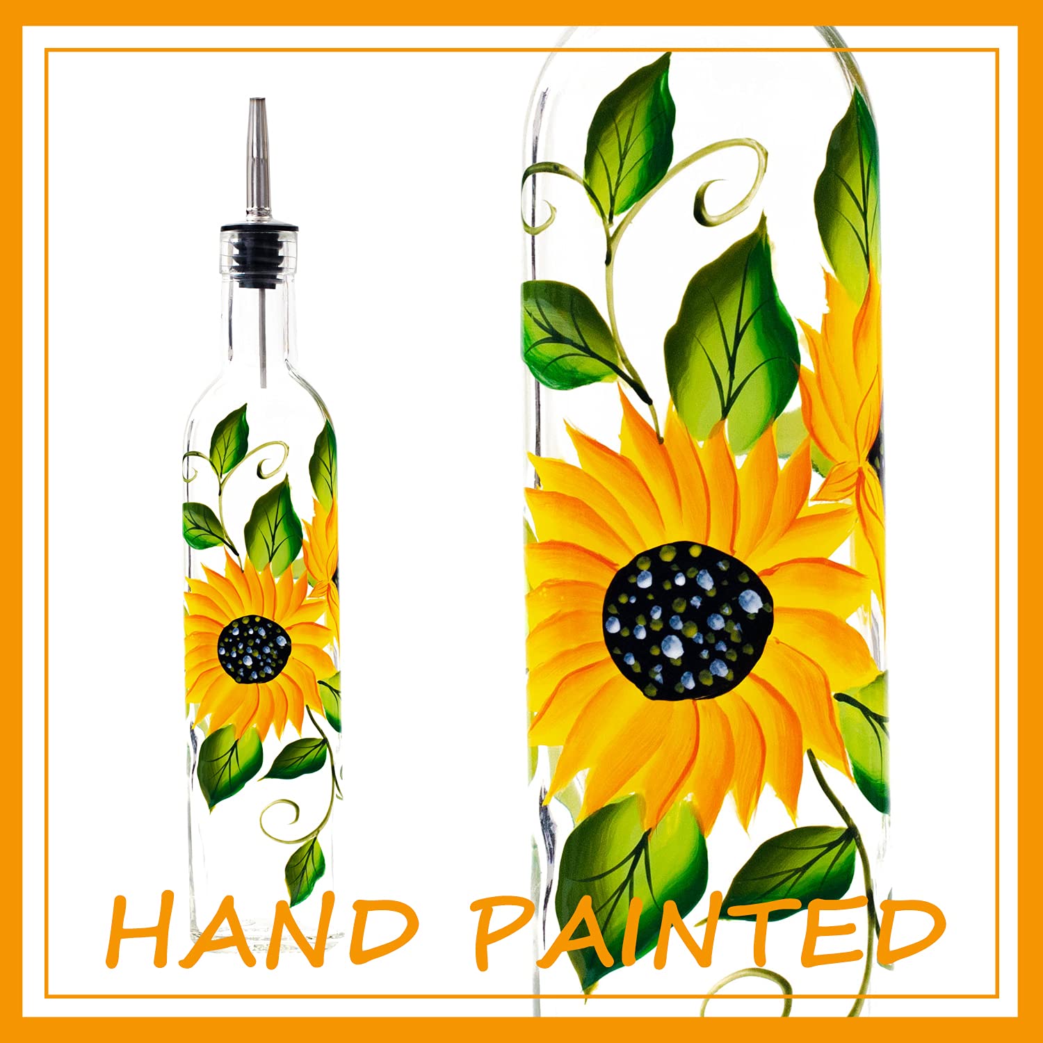 Botella de aceite de oliva de vidrio de 17 onzas – 500 ml de aceite verde y vinagre Cruet con vertedores y embudo – Decantador de jarra de aceite de oliva para cocina (girasol2)