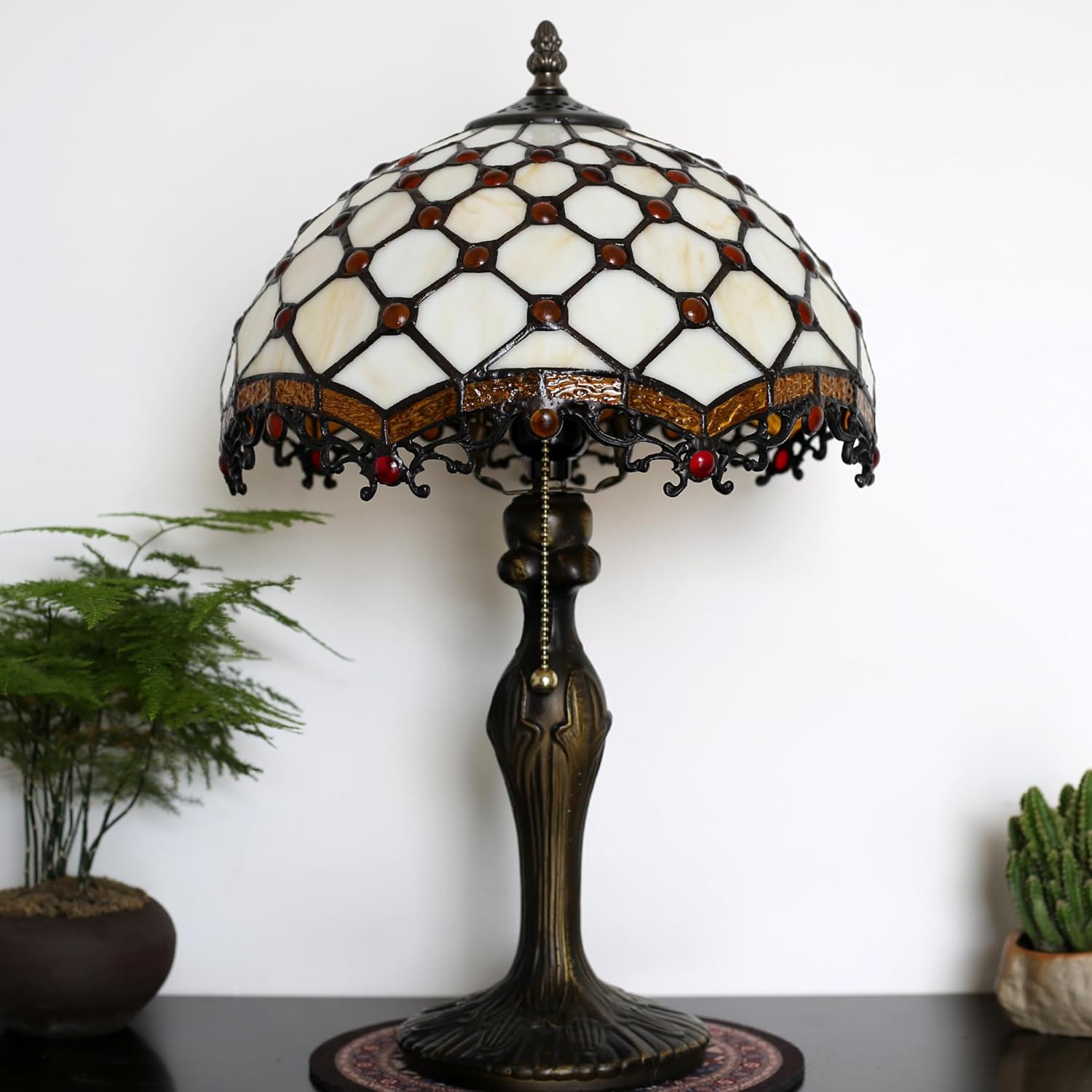 Tiffany Lamp Stained Glass Table Lamp 12 x 19” Phoenix Tail Beads Style Bedside Reading Lamp Decorative Light for Desk Living Room Bedroom Office Study Light Home Decor Gift