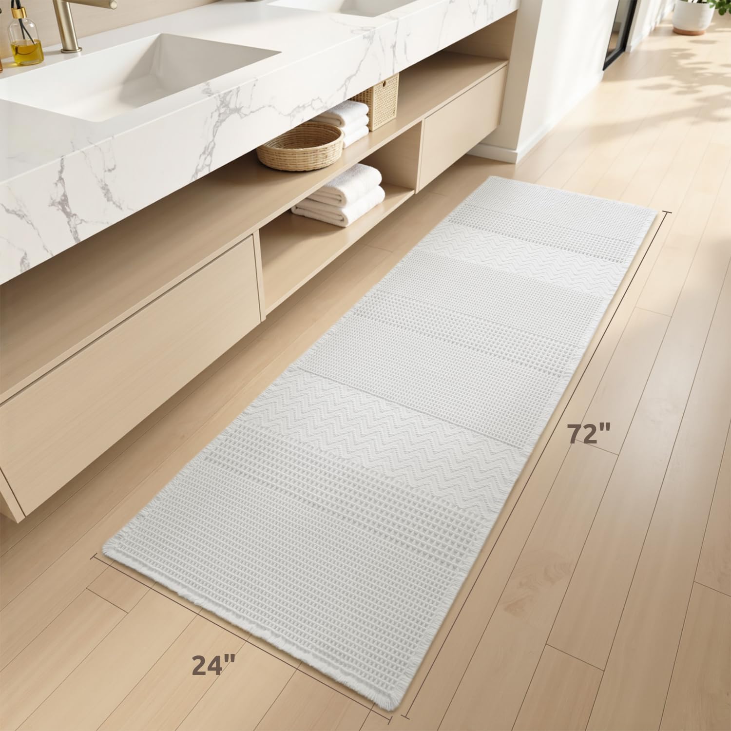 amoami waffle bath-mat, super absorbent bath mats for bathroom, boho bathroom rugs non slip washable, ultra soft bathroom-mat with tassels bath rugs for floor mat, 24" x 72" white 24"x72" white