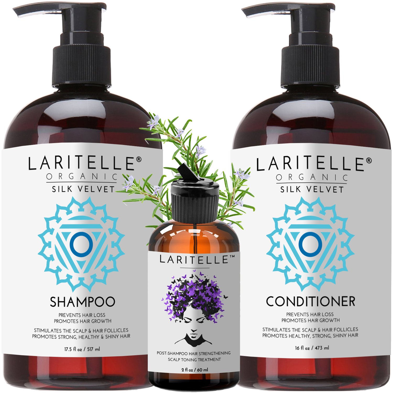 Laritelle Organic Hair Care Set Silk Velvet: Shampoo 17.5 oz + Conditioner 16 oz + Bonus Post-Shampoo Treatment 2 oz | No GMO, Sulfates, Gluten, Alcohol, Parabens, Phthalates, GF
