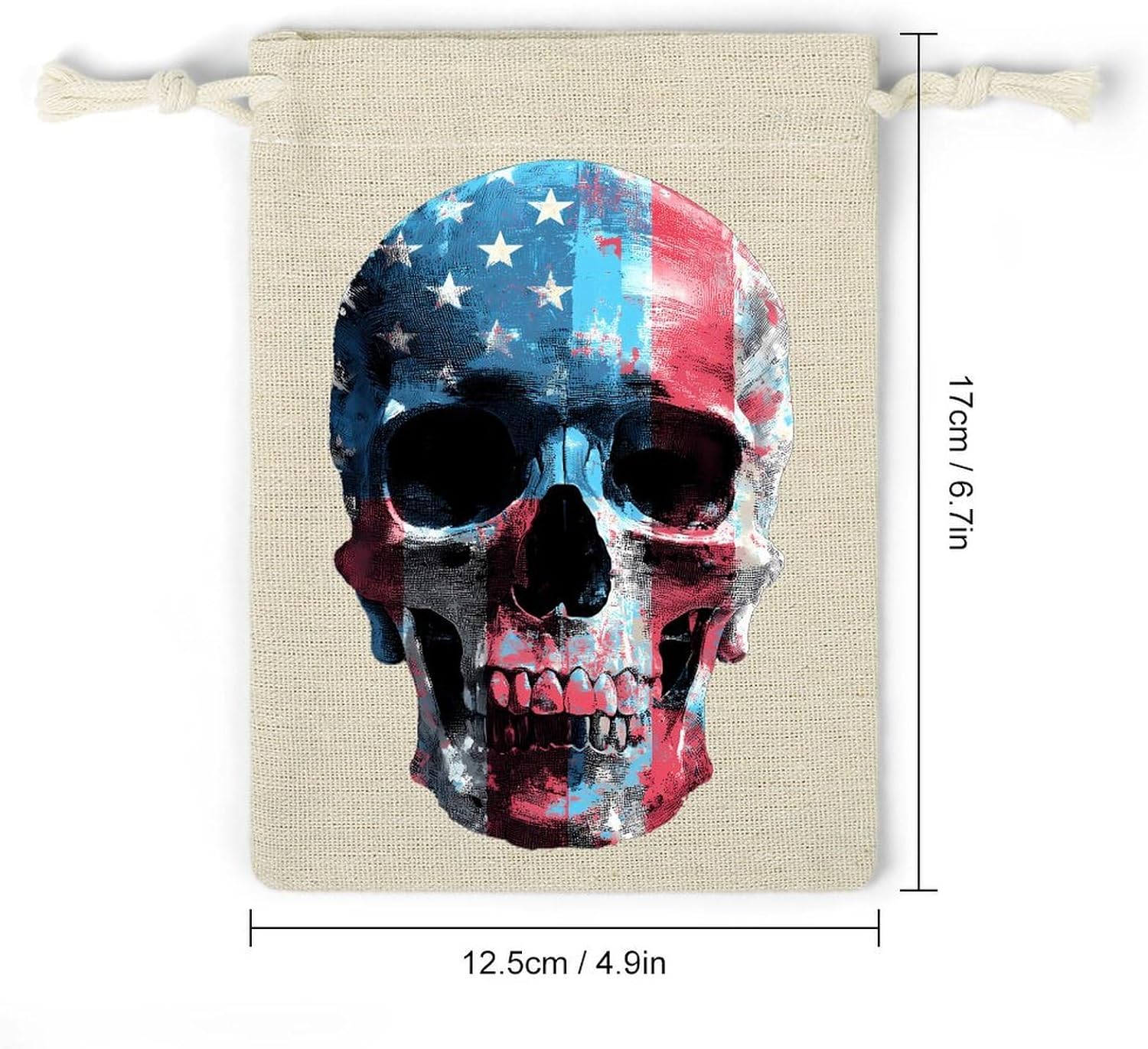 3d Skull U.S.A. Flag Drawstring Bags Cotton Linen Pack of 8 | Reusable Storage Gift Pouch Party Home Supplies