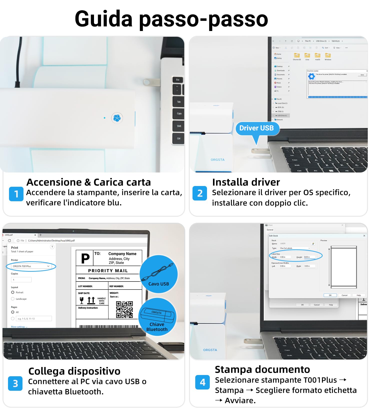 ORGSTA stampante etichette adesive termica etichettatrice spedizione bluetooth per cellulare e PC personalizzate mini stampa macchina