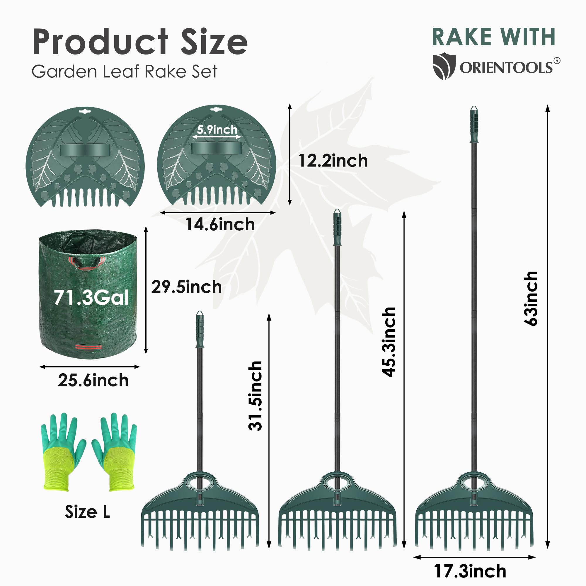 ORIENTOOLS 17Tines Ensemble de râteau de jardin à double rangée avec râteaux manuels à 9 dents, poubelle à feuilles de 272 l et gants de jardinage pour ramasser et ramasser les feuilles, kit de râteau