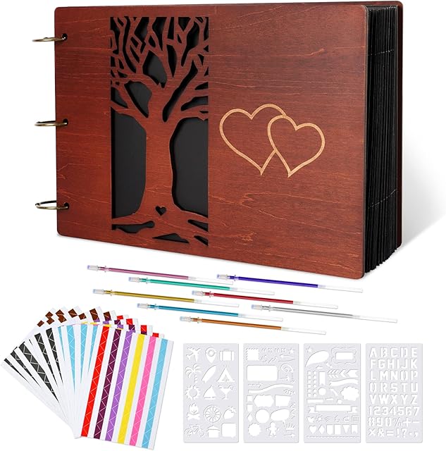 Giiffu Wooden DIY Scrapbook Album 100 Pages, Refillable Guest Book Scrap Book Memory Photo Book Scrapbooking Supplies Kits for Wedding, Anniversary, Birthday, Christmas (Family Tree Photo Album)
