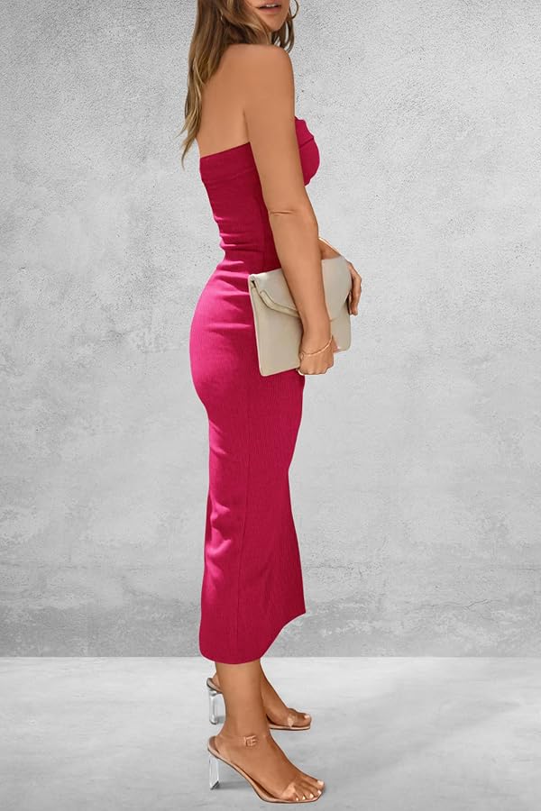PRETTYGARDEN Women's Summer Bodycon Maxi Tube Dress Ribbed Strapless Side Slit Long Going Out Casual Elegant Party Dresses (Rose Red,X-Large) by PRETTYGARDEN - Image 2