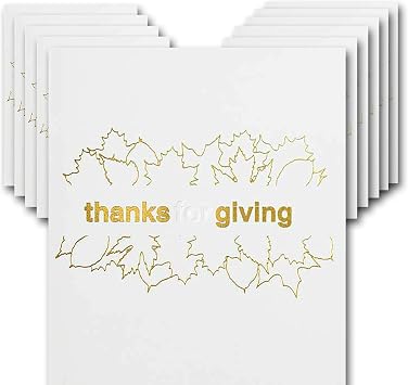 Happy Thanksgiving Greeting Cards Set of 10 Letterpress and Gold, Thanks for Giving, Fall Leaves, Pack With Envelopes