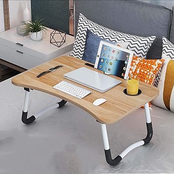 Foldable Laptop Stand For Bed, Laptop Bed Sofa Table Tray With Notebook Stand, Steel Non Slip Legs, Cup Holder Folding Lap Desk For Couch Floor Watching Movie Work From Home White Wooden