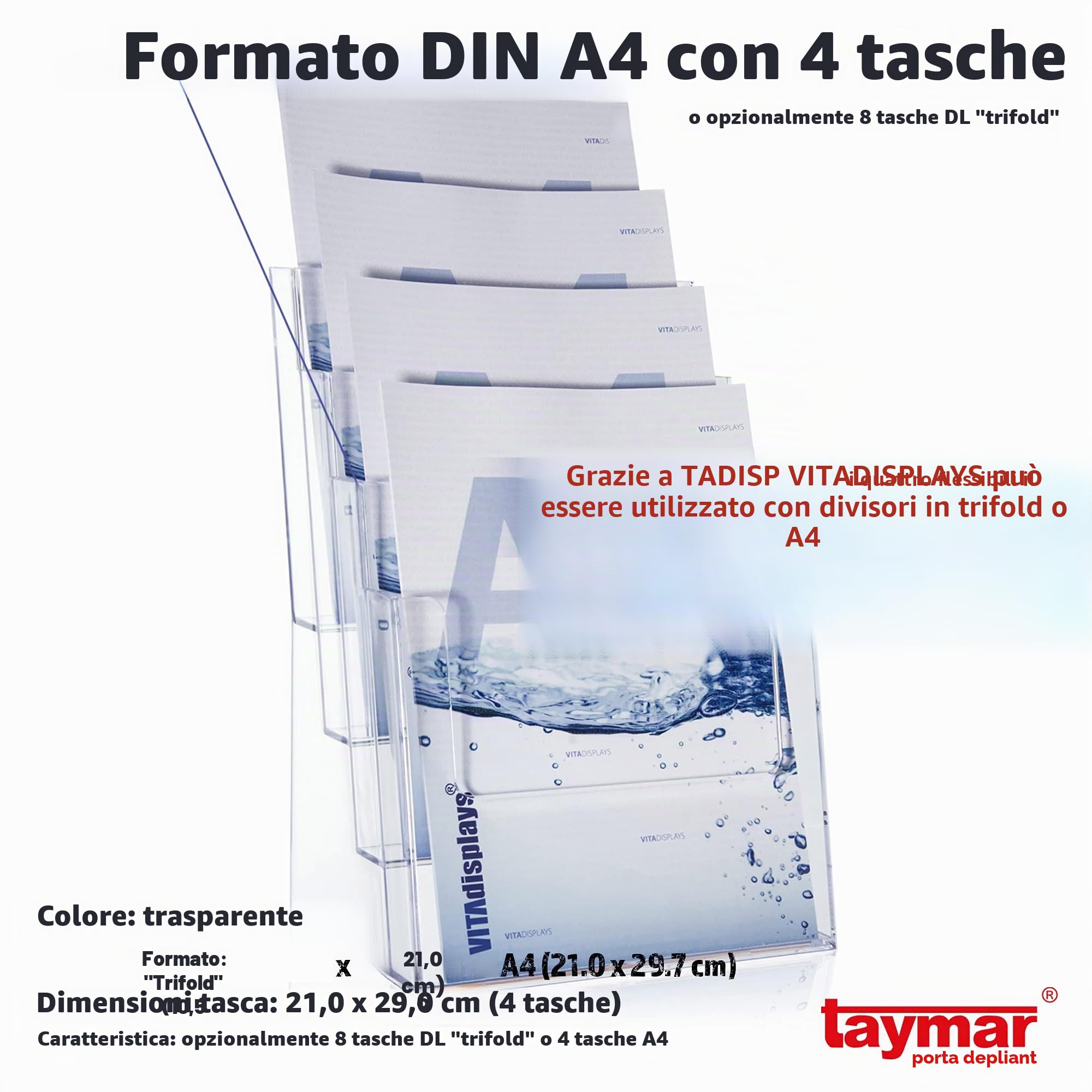 Suggerimenti Taymar Portadepliant da tavolo in formato A4, DL, 4 livelli, trasparente, 8 scomparti