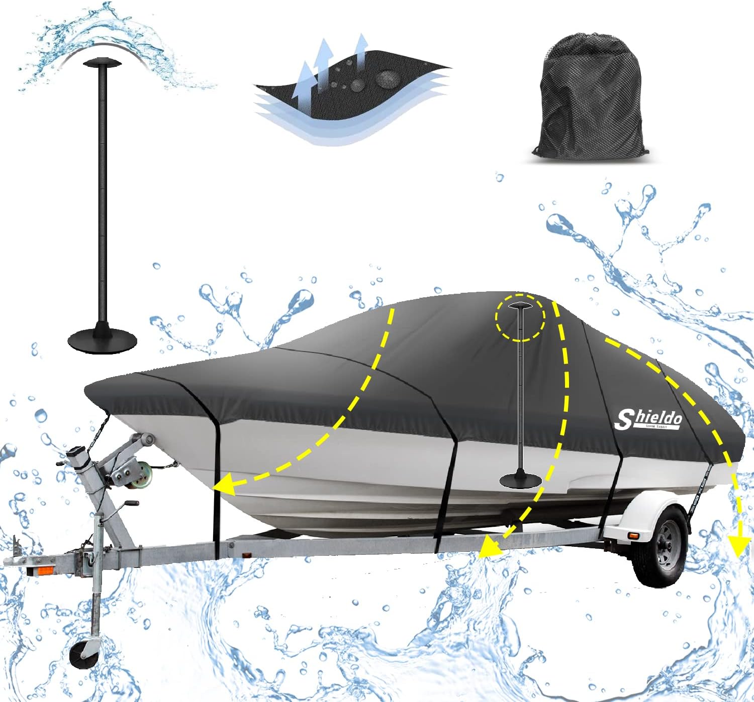 Shieldo Bass Boat Cover, 600D Boat Covers with Support Pole