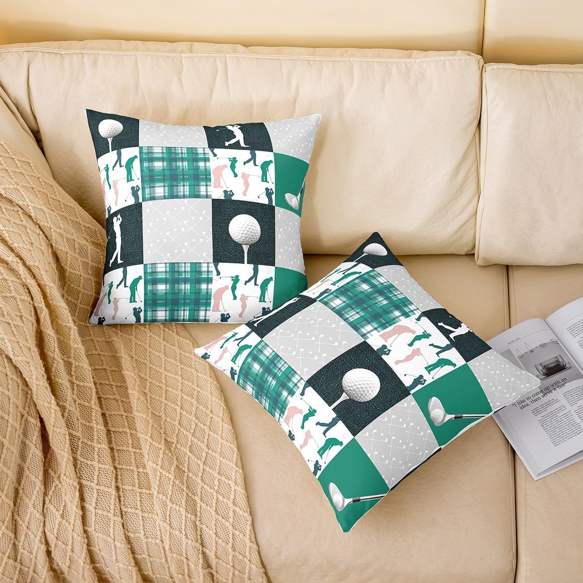 Homewish Golf Throw Pillow Cover 24x24 Inch Extreme Sports Style Players Print Cushion Cover for Teens Adults Retro Watercolor Patchwork Grid Stripes Cushion Case for Bedroom Chairs Office