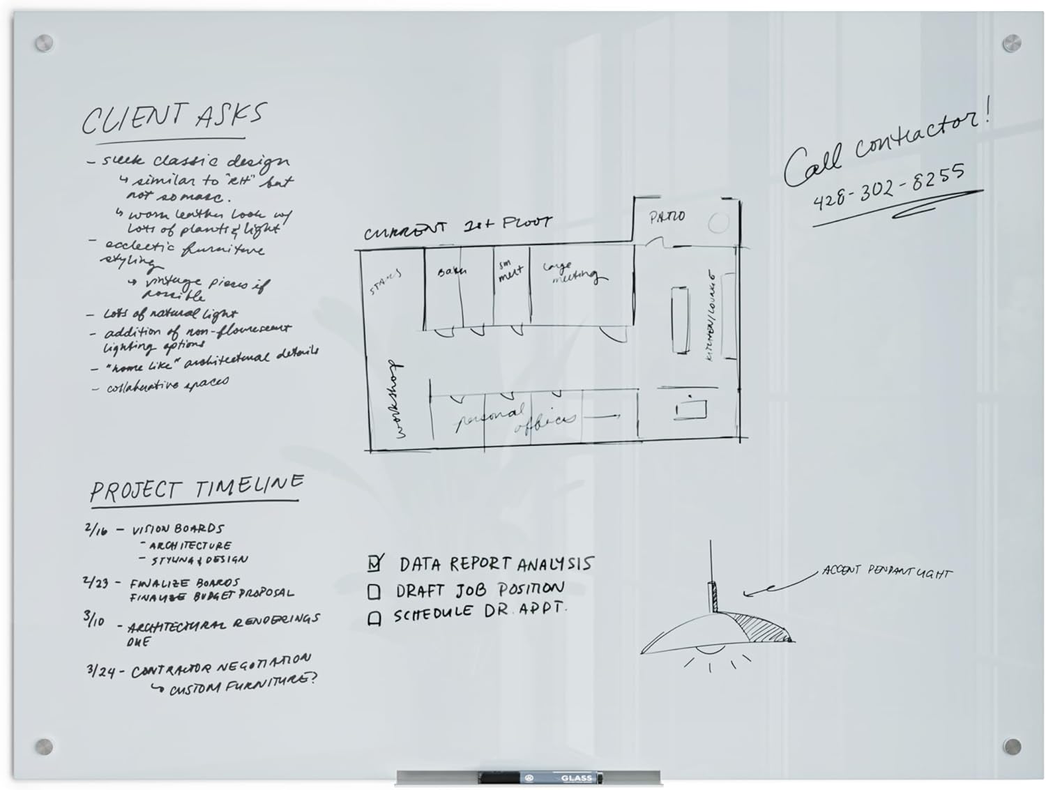 U Brands Glass Whiteboard 36" x 48", Frameless White Frosted Dry Erase Board, Wall Mounted for Office, Home, and Classroom, Includes Marker