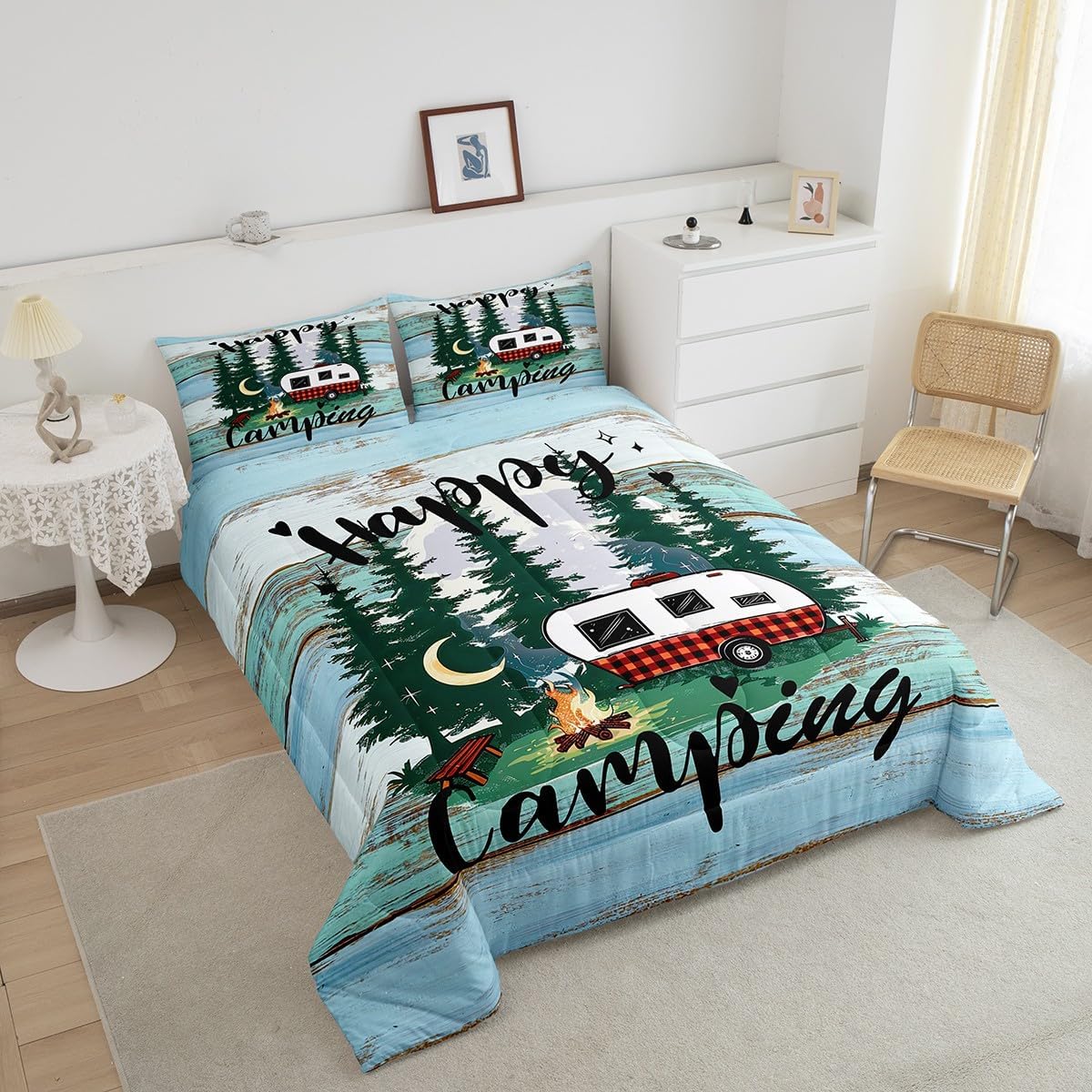 Feelyou Happy Camping Comforter Set Queen Size Kids RV Camping Comforter for Boys Girls Teens Western Farmhouse Bedding Set Wooden Duvet Set Tree Branches Quilt