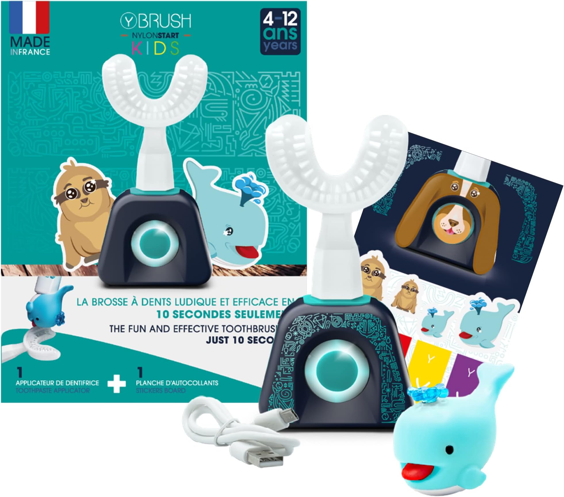 Y Brush Kids Electric Toothbrush for Kids (Made in France), Sonic Technology, Ultra Flexible & Soft Nylon Material, 3 Months Battery Life with Brush Head, Customizable Stickers