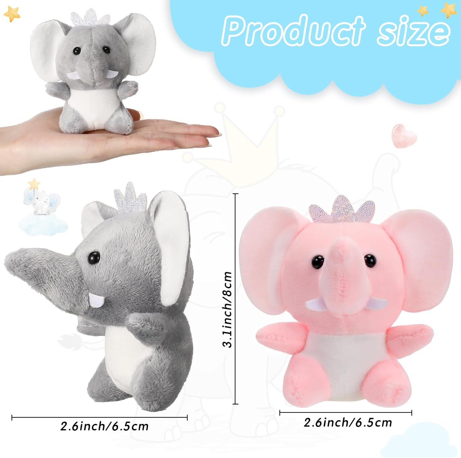 Wettarn 24 Pcs Mini Stuffed Animals Gifts Small Cute Plush Toys for Women Day Classroom Birthday Party Favors, 3.1 Inch(Elephant,Gray, Pink)
