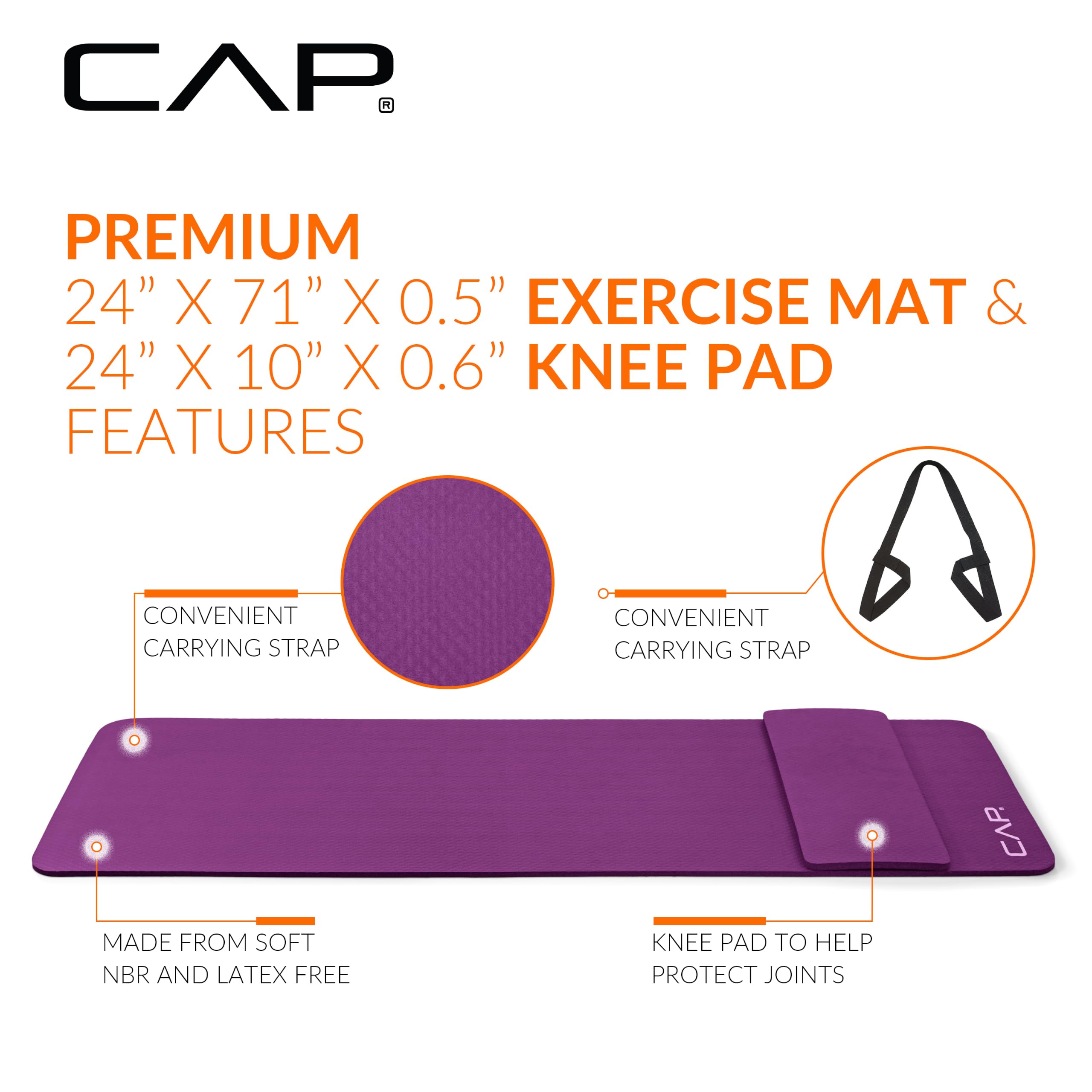 CAP Barbell Esterilla de yoga de alta densidad con correa y rodillera, 71 x 24 x 1/2 pulgadas, color vino