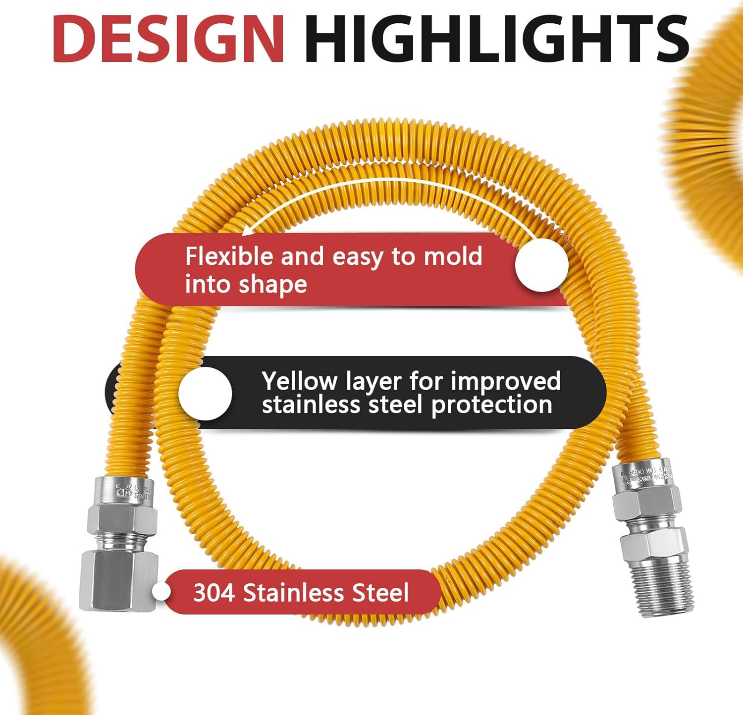 Efield 48-Inch Flexible Gas Line Connector, 1/2" MIP x 1/2" FIP Brass Adapter, Stainless Steel Gas Hose, Yellow,(HOSE075)