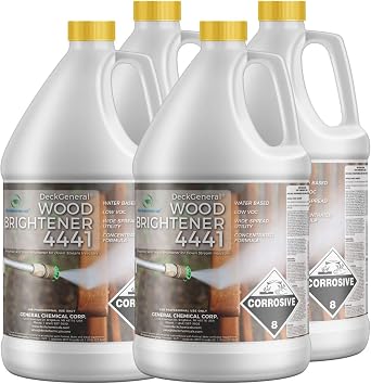 DeckGeneral - Downstream Injectable Wood Brightener 4441 - Water-Based Deck Cleaner - Stripped and Aged Wood Restorer For Patios, Fences, and Outdoor Furniture - Case of Four 1 Gallon Jugs