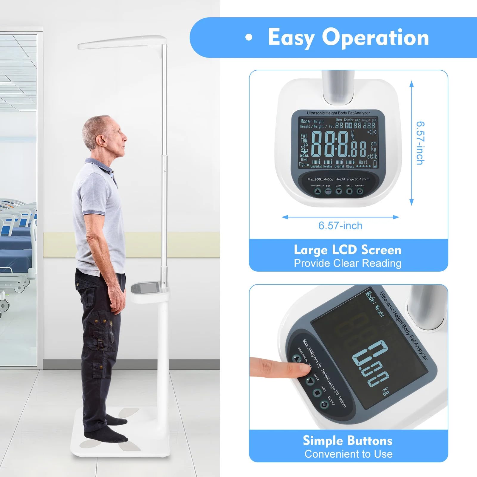Bilancia Digitale Professionale Per Medici, Analizzatore Di Grasso Corporeo Con Capacità Di 440 Libbre Per Medico, Con Display Lcd Per Misurazione Peso/Altezza/Obesità/Imc