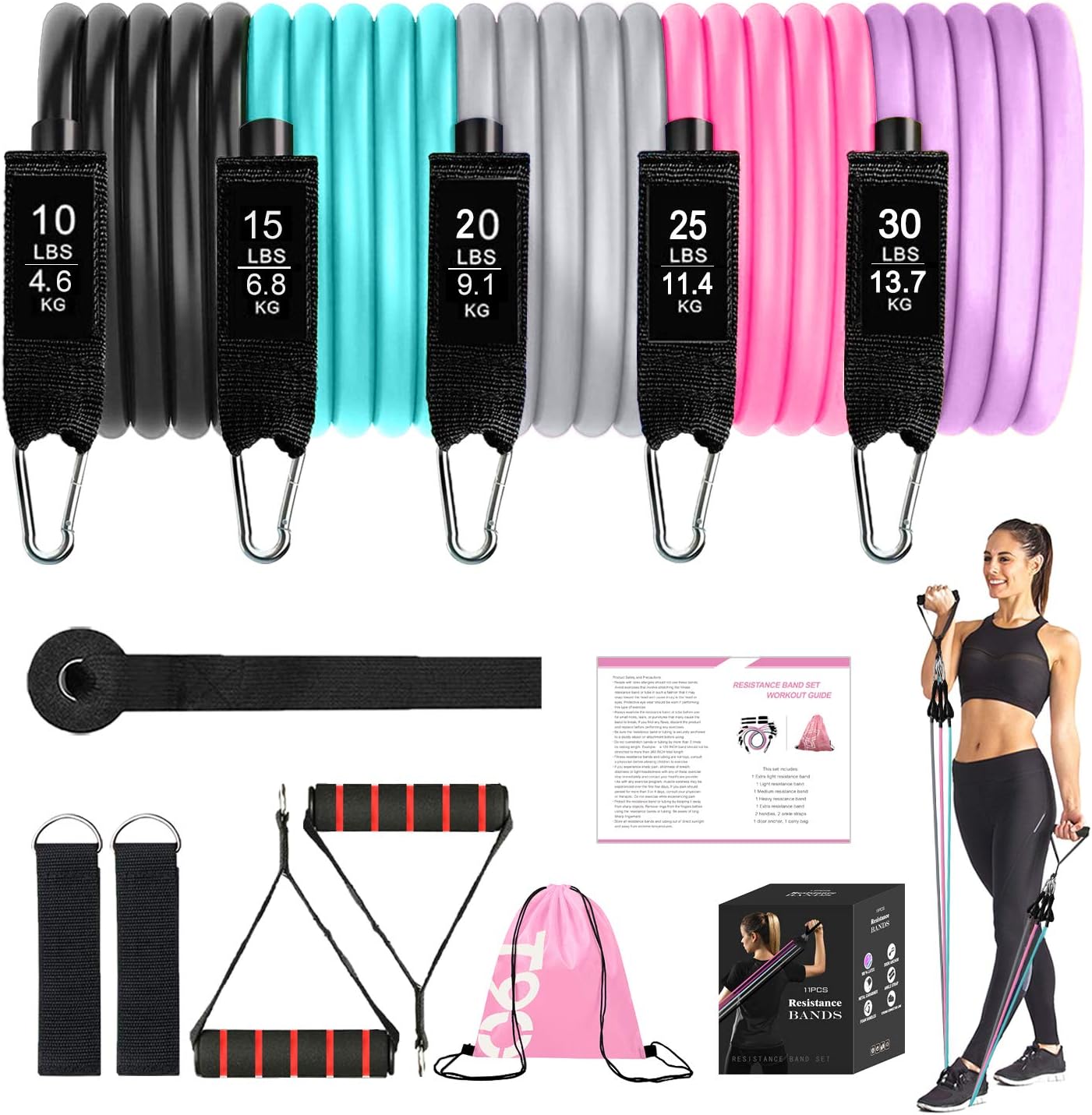 Exercise Resistance Bands Set for Women, Home Gym Fitness Workout Bands 11PCS with Fitness Tubes, Foam Handles, Ankle Straps, Door Anchor, Carrying Pouch for Yoga, Physical Therapy, Up to 100 lbs