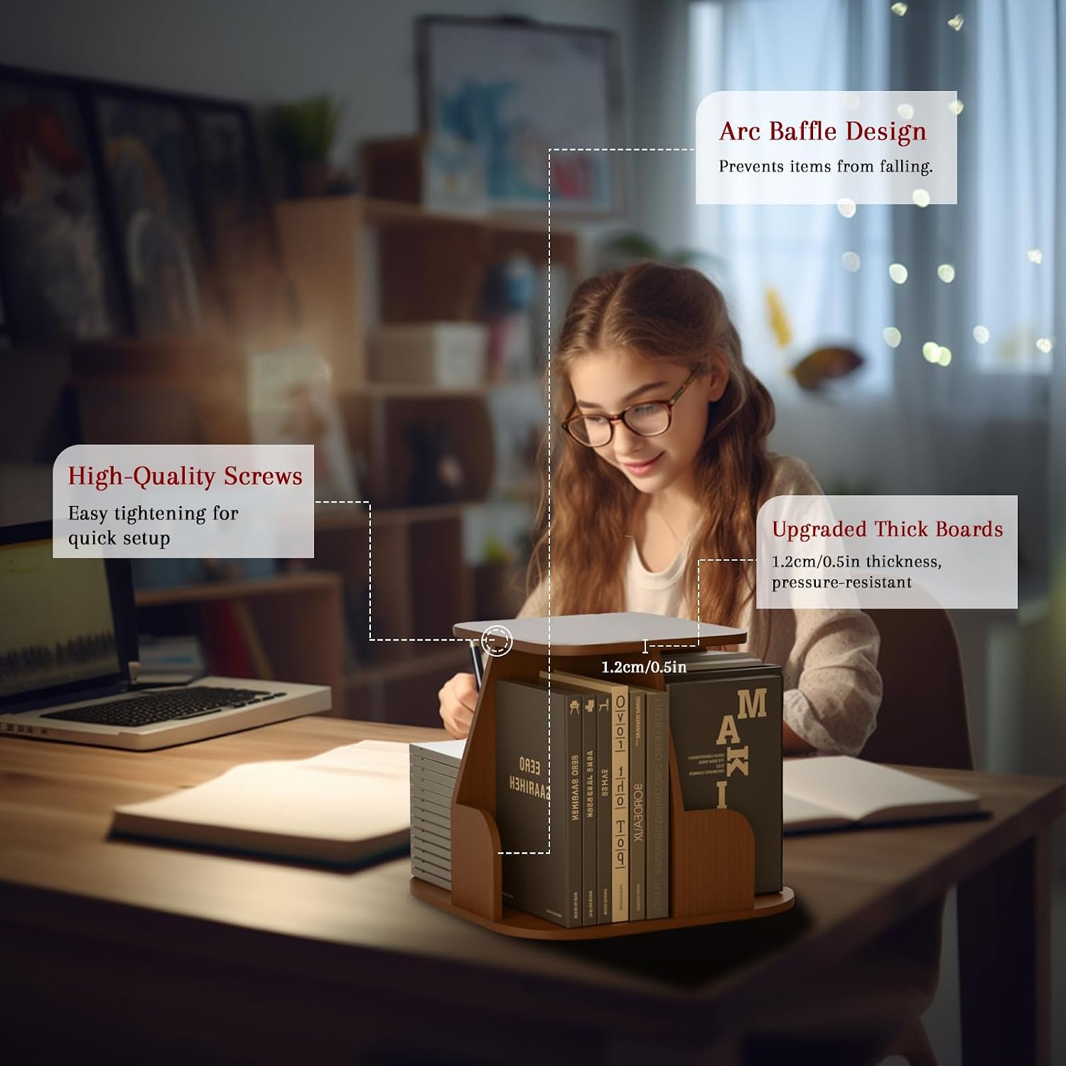 Rotating Book Shelf for Desk, Revolving Bookcase with 4 Compartments, Small Square Bookshelf, Multifunctional Desk Storage Solution, Dark Walnut, Strong and Durable, 360° Rotation