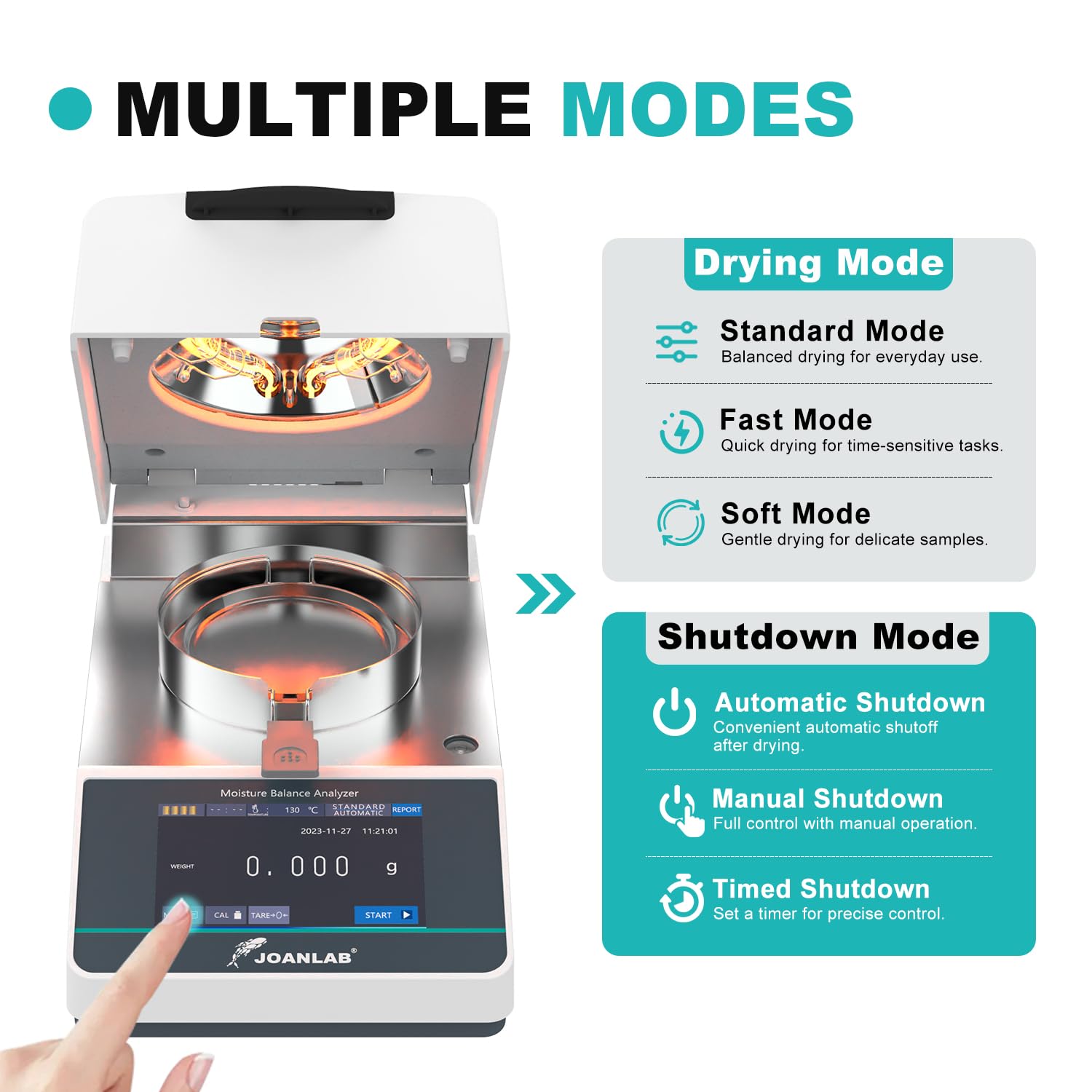 JOANLAB Lab Automatic Moisture Analyzer Feed Grain Moisture Tester with Halogen Heating,3 Drying Modes, Touch Screen, RS232 Ports (110g*0.005g)