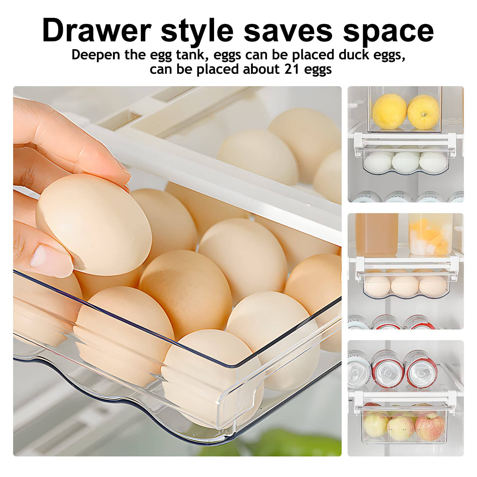 Organizador de Huevos con Cajón para Refrigerador Caja para Huevos Transparente con Cajón Extraíble Dispensador Automático para Hasta 21 Huevos Ahorra Espacio en PET