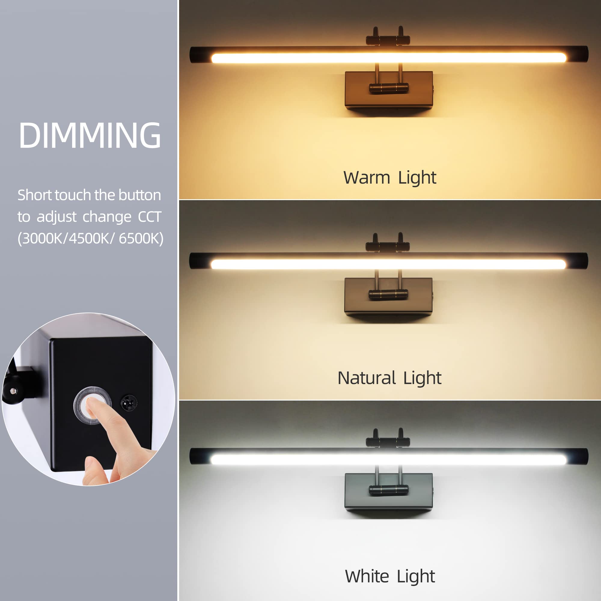 LED Spiegelleuchte Badezimmer 60cm 12W 3 Farbtemperaturen Dimmbar Stufenlos Dimmbar LED Bilderleuchte mit Schwenkbarem Lampenkopf Wandleuchte Arc Arm Spiegel Beleuchtung Lampe