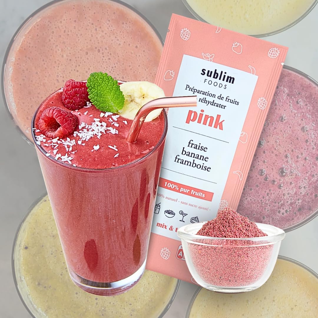 Sublim Foods - Smoothie PINK 100% gefriergetrocknete Erdbeere Banane Himbeere - 10 Beutel 20g (200g) Eis-Smoothie Sommer fertig in einer Minute vegan ohne Zuckerzusatz