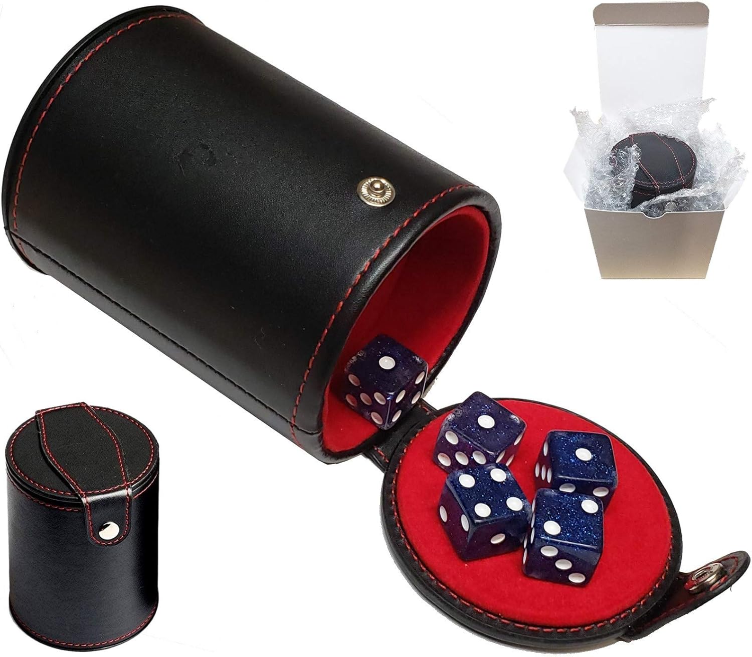 Set of Dice Cup with Storage Compartment Black PU Leather Red Felt Lined + (5) 16mm Tranparent Dice (Gift Boxed) (Blue Glitter)