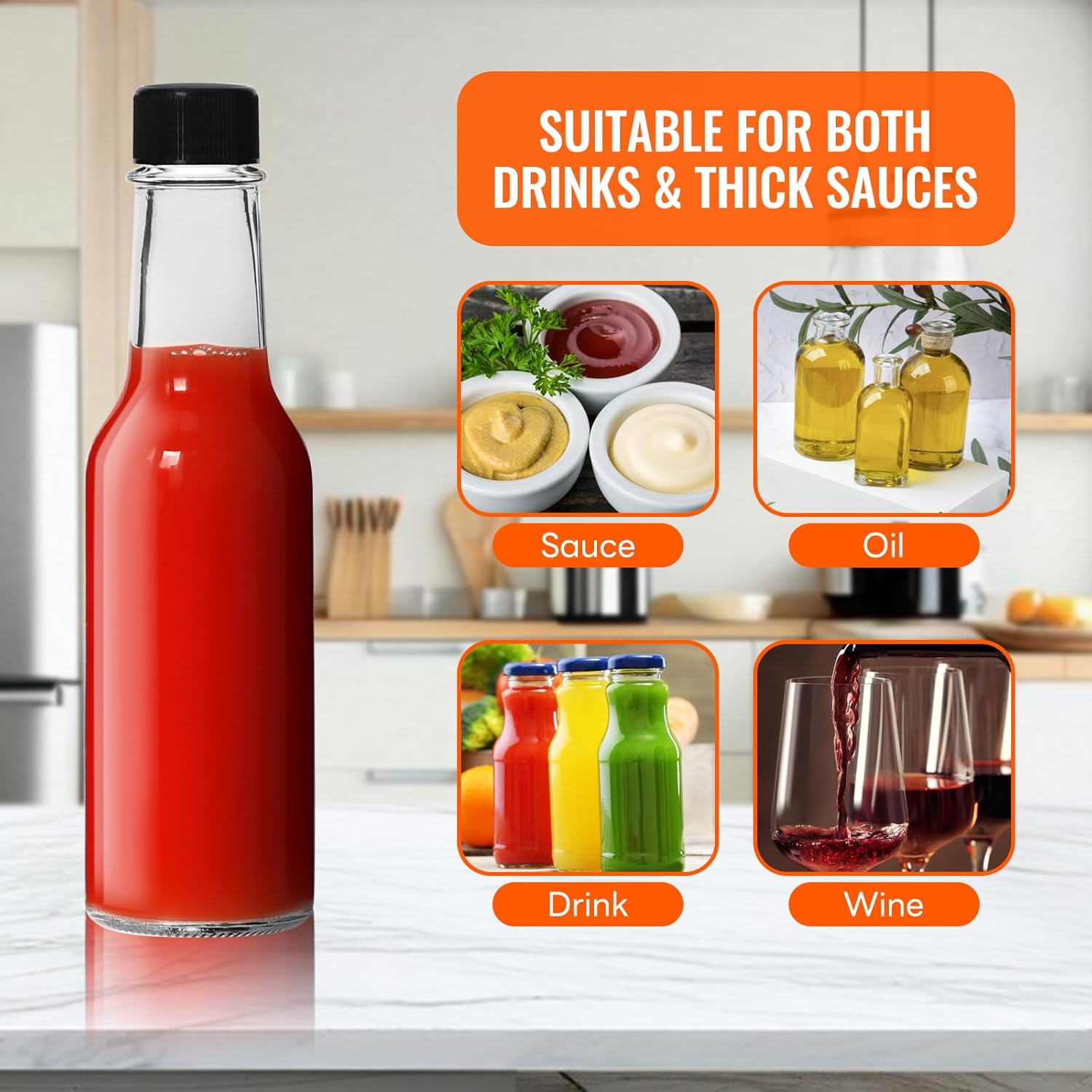 Condition photo showing New/Like New for AuroTrends Hot Sauce Bottles 5 oz 24Pack- 5oz Clear Woozy Bottles with Leakproof Lids for BBQ, Salad Dressing, Olive Oil, Craft Beverages & DIY Projects?Black Lids?