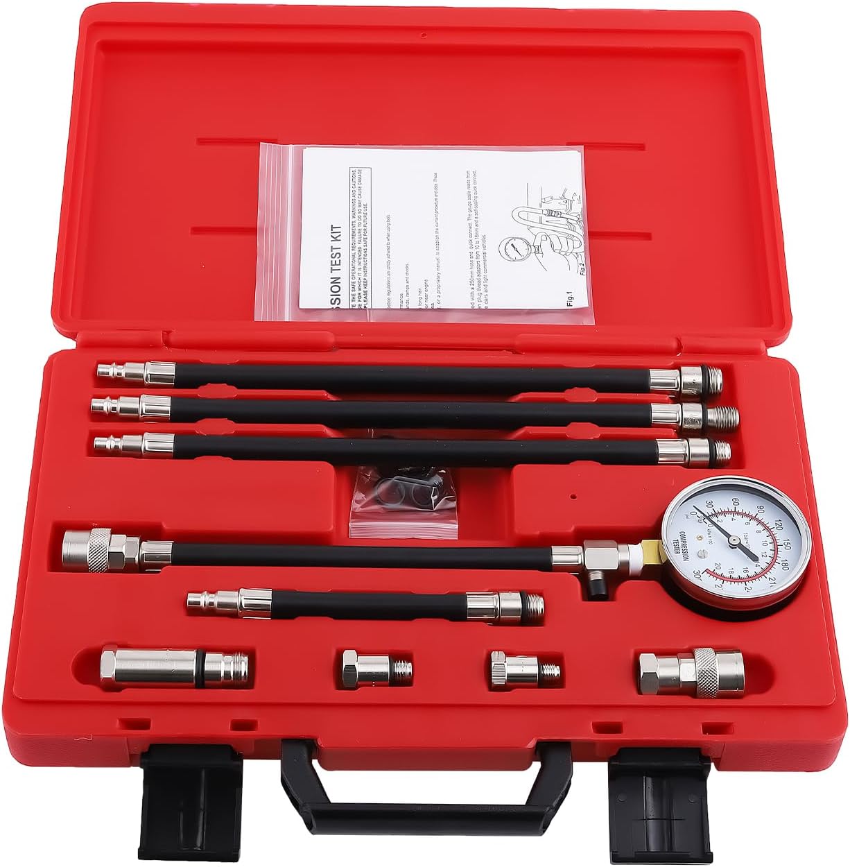 maXpeedingrods Engine Compression Tester Kit, Manual Pressure Release, 2-3/4 in. Bourdon Tube Gauge, Quick-Disconnect Coupler, Threaded Adapters for Motorcycles, Marine and Small Engines