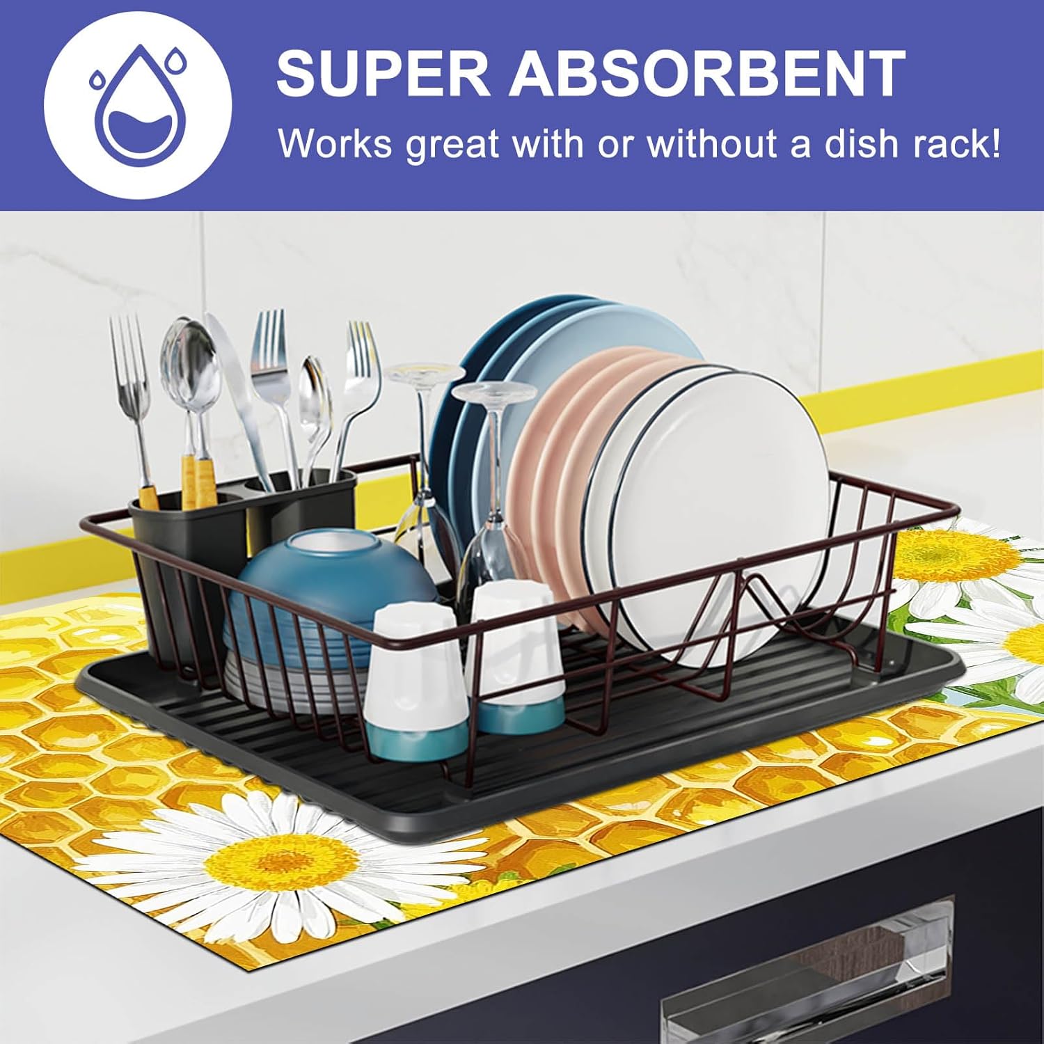 HOMETITUTE Honey Bee Stove Top Cover for Electric 28x20 Inch Kitchen Decor Glass Cooktop Protector Heat Resistant Countertop Mat with Daisy and Honeycomb Design for Farmhouse Kitchen