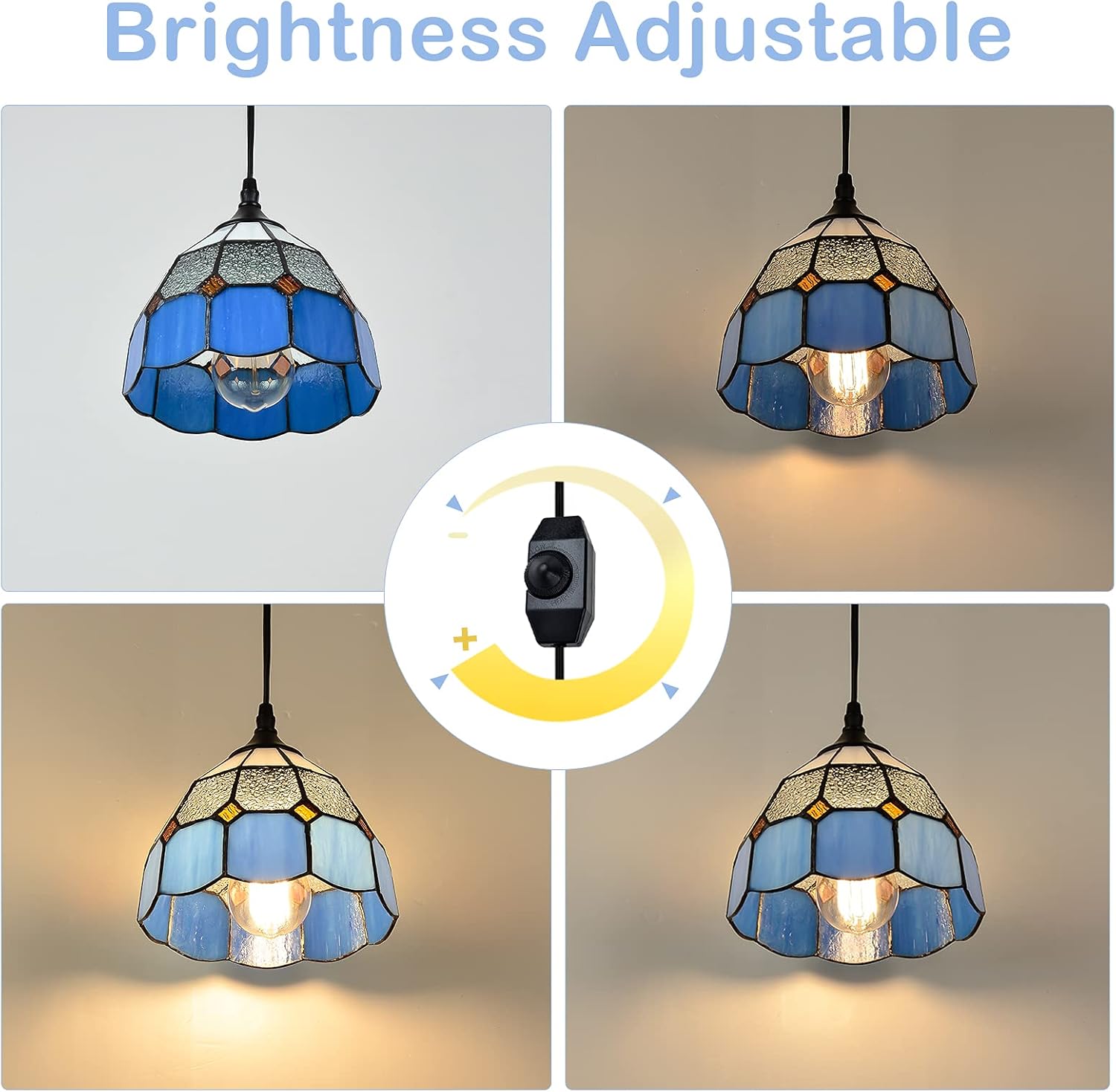 Tiffany Style Plug in Pendant Light Mini Chandelier with 16.4 Ft Hanging Cord and in Line On/Off Dimmer Switch, Vintage Swag Ceiling Lamp for Dining Room, Bedroom or Porch (7.9" in Width)
