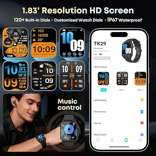 Miniatura 5 de Reloj inteligente para hombres, más de 120 modos deportivos con pantalla táctil HD de 1.83 pulgadas, monitor de sueño, impermeable IP67, llamada
