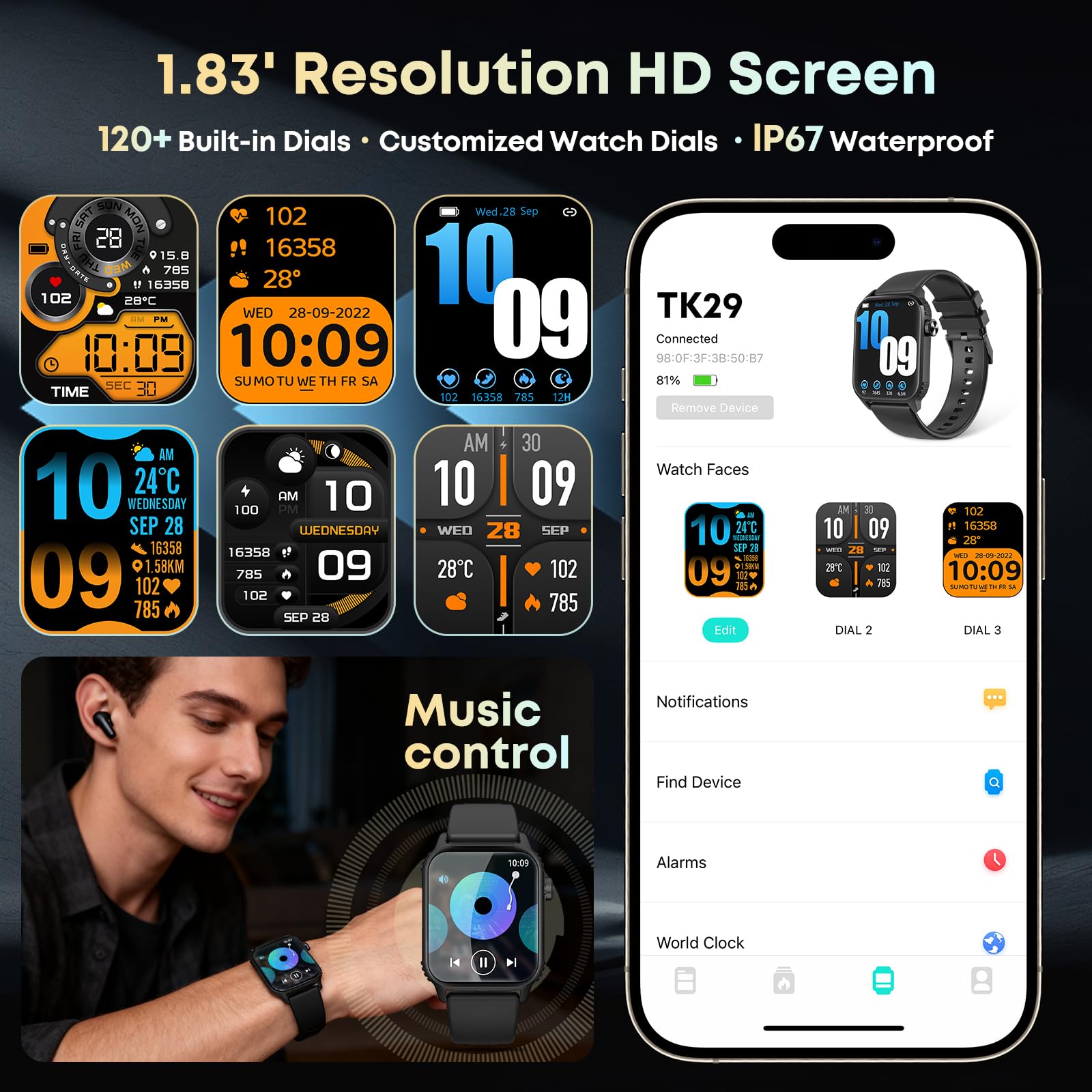 Smart Watch for Men, 120+ Sports Modes Smartwatch with 1.83" HD Touchsreen, Sleep Monitor, IP67 Waterproof, Bluetooth Call & Music Control Fitness Watch for iPhone/Android Black