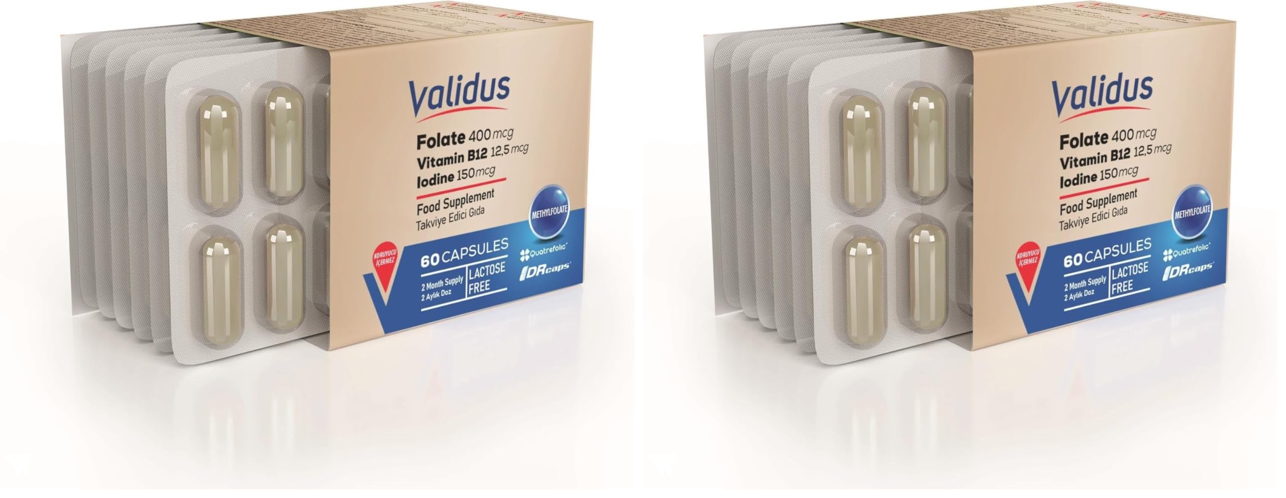 Validus Folat Qatrefolic 400 mcg + Vitamin B12 + Vitamin B6 + Iodine 60 Capsules (2 paketi)