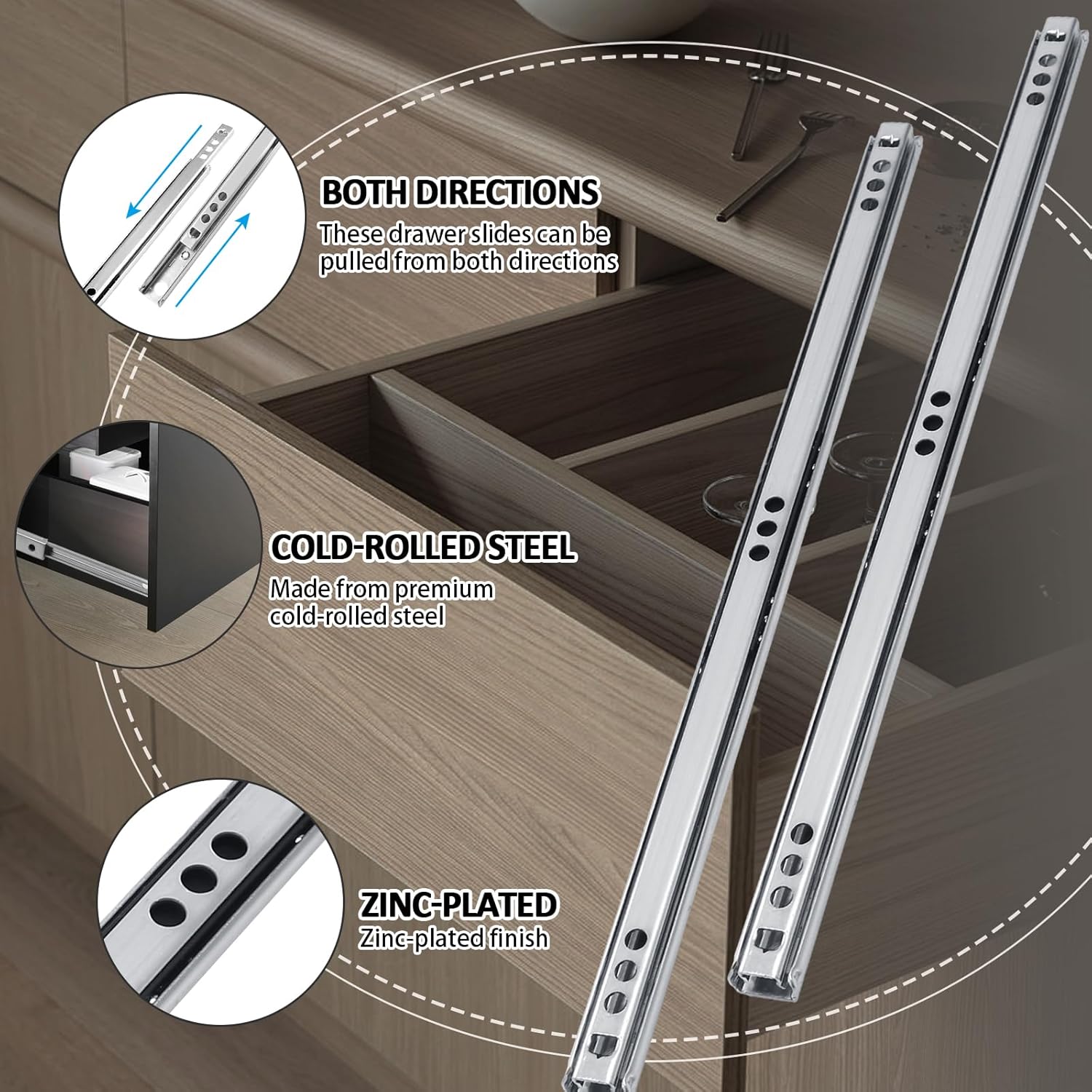 1Pair 12 Inch(310mm) Metal Drawer Slides Drawer Tracks, Ball Bearing Drawer Silde Two Way Heavy Duty Drawer Rails for Cabinet Dresser