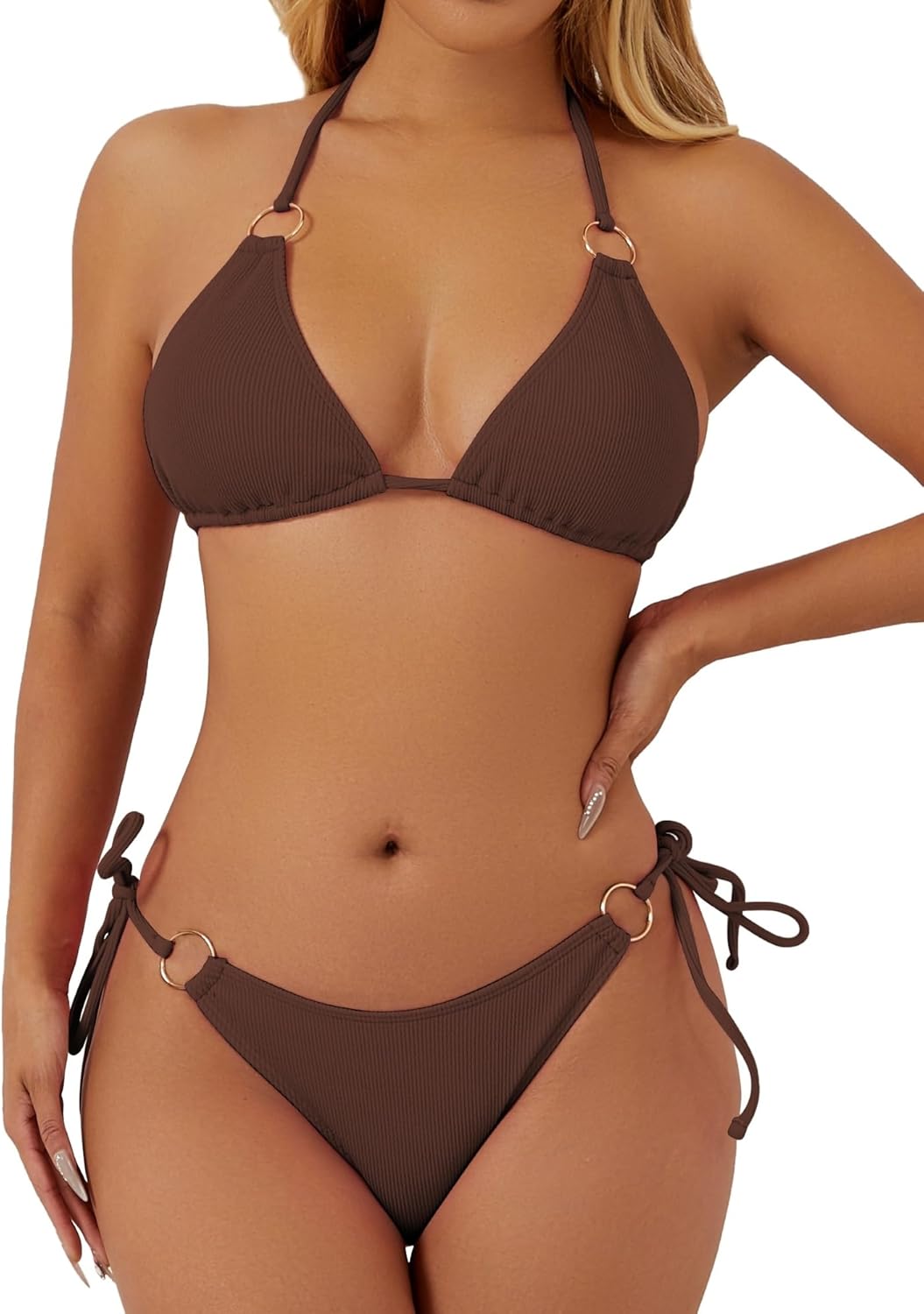 swimall Women's String Bikini Set Sexy Tie Side Two Piece Swimsuit Cute Triangle Halter Bathing Suit