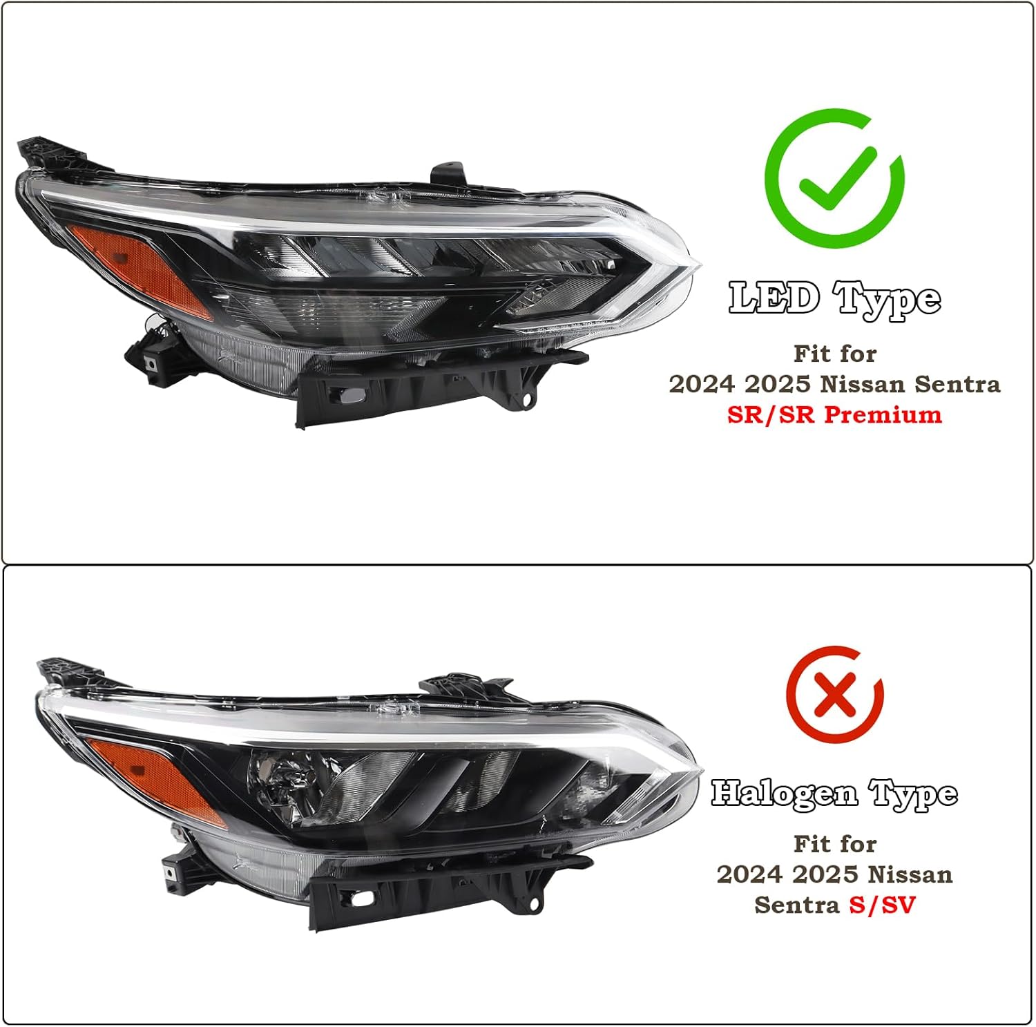 RH LED Headlight Fit for 2024 2025 Nissan Sentra SR/SR Premium Headlamp Assembly Right Passenger Side W/Bulbs But W/o Turn Signal Bulb NI2503303 26010-6LY5A 260106LY5A