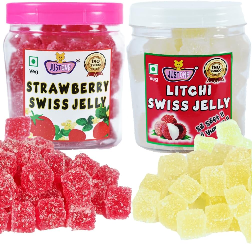 JUSTONE Strawberry & Litchi Swiss Soft Jelly Candy CUBES COMBO JAR PACK 500 Gms - SOFT JELLY Bites JUJUBE COMBO PACK of 2 ( 250 gms x 2) – Mixed Fruit Jelly candy | Jelly Beans |Jelly Candy pops | Jellies for kids and adults | Sugar coated Jelly Candy | Swiss Chocolates | Colorful Yummy Candy | Sugar Coated Soft Jellies | Birthday Gifts | Return Gifts | Gift Hampers | Function Party all Festival Gifting Occasions | Customized Labels available