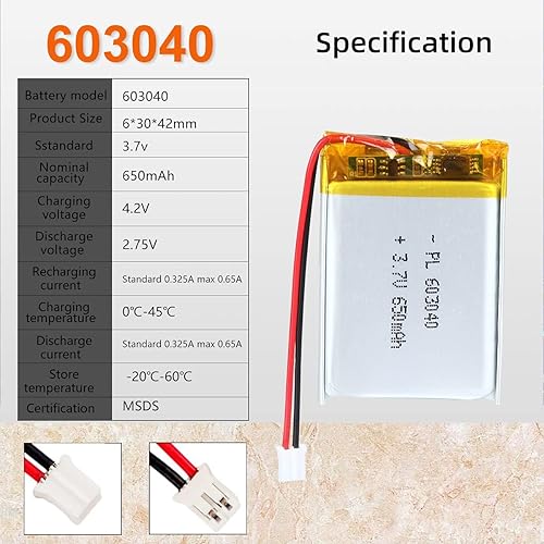 Miniatura 4 de Batería recargable de iones de polímero de litio de 3.7V 650mAh 603040 Lipo con conector PH2.0.000 in JST