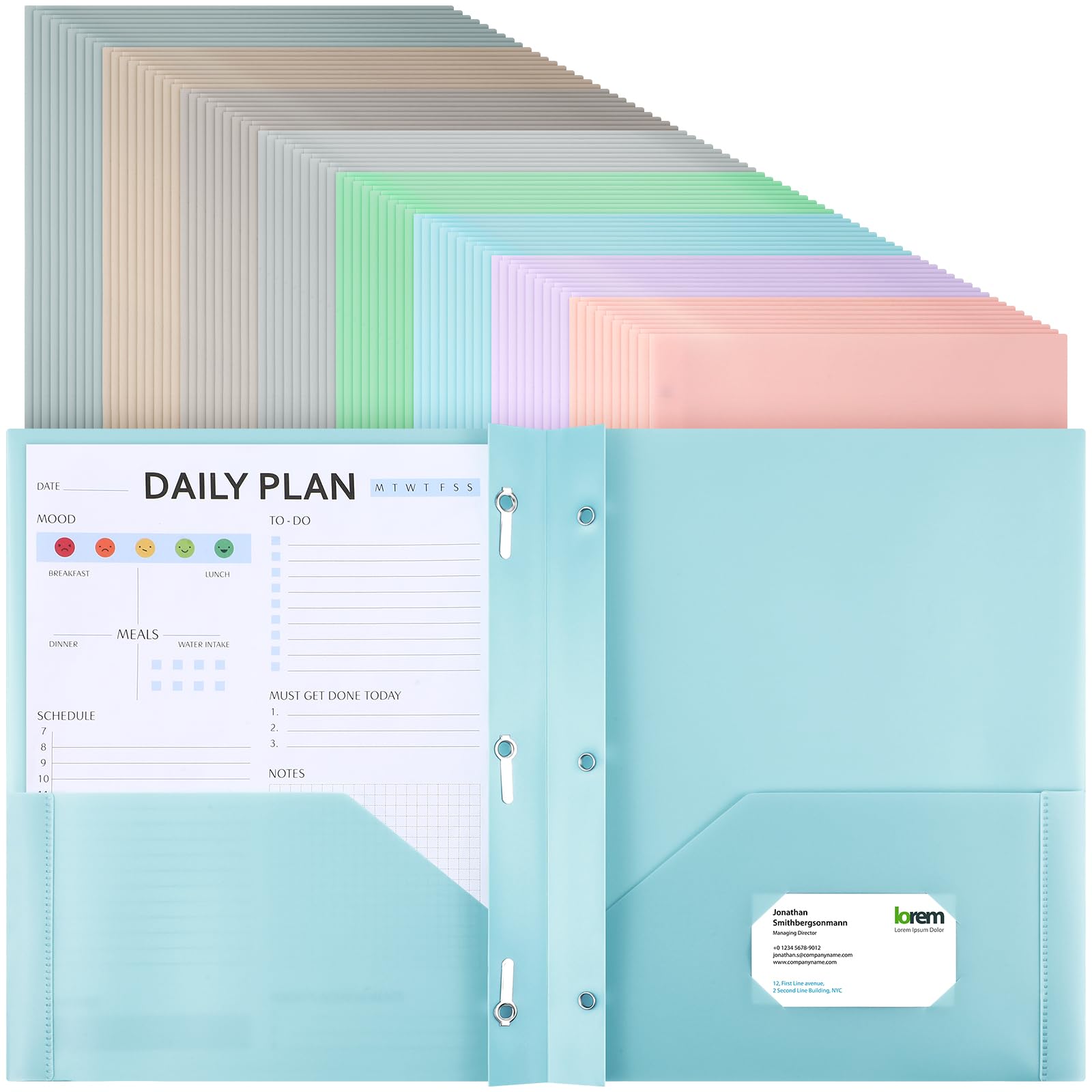 Cholemy 72 Packs Pocket Folders with Prongs Heavy Duty Plastic Folder with Business Card Slot 3 Prong Fasteners for School Office (Pastel)