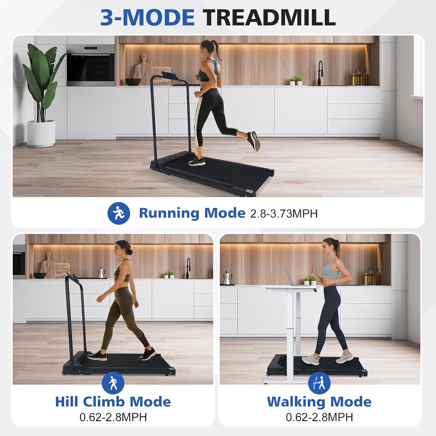 Walking Pad Treadmill with Handle Bar, Compact Portable Treadmill for Home Office, 0.6-3.8 MPH, Remote Speed Control, LED Display