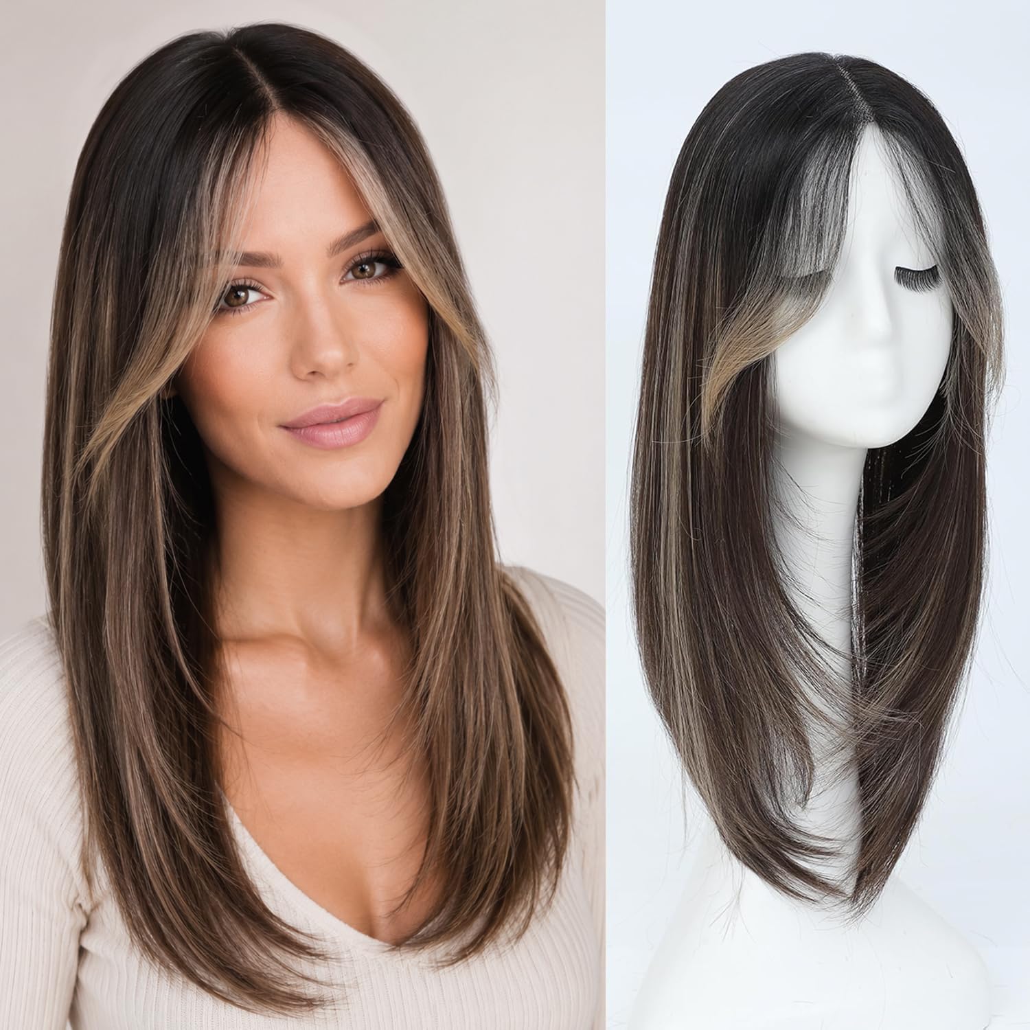 Synthetic Hair Topper with Wispy Bangs 20 Inch Long Layered Straight Hair Toppers for Women with Thinning Hair HD Lace Hand-tied Part Top Hair Pieces 6x5.5 Inch Large Base Clips In Hair Toppers