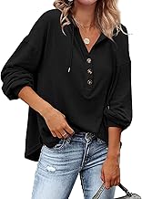 ASHER FASHION Womens V Hals Langarm Henley Shirts Button Down Sweatshirts Hoodies Tunika Tops mit Kordelzug