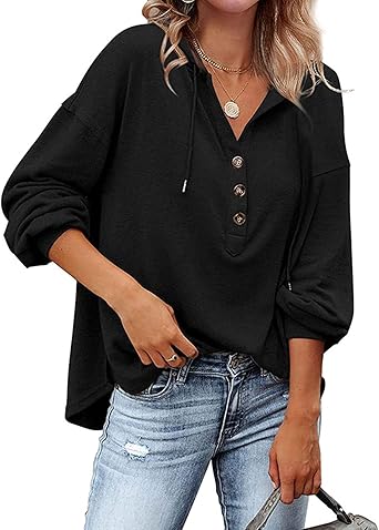 ASHER FASHION Womens V Neck Long Sleeve Henley Shirts Button Down Sweatshirts Hoodies Tunic Tops with Drawstring