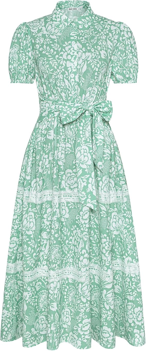 GRACE KARIN Women's 2026 Summer Floral Flowy Dresses Boho Tie Belt Short Puff Sleeve A Line Maxi Shirt Dress with Pocket